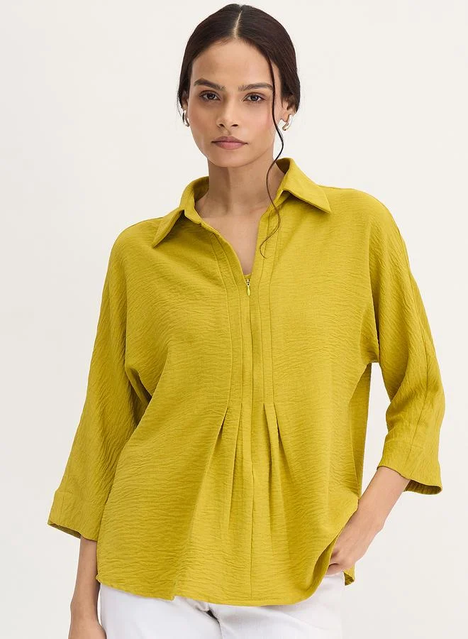 Femmella Citrine Green Pleat Detail Top with 3/4 Sleeves